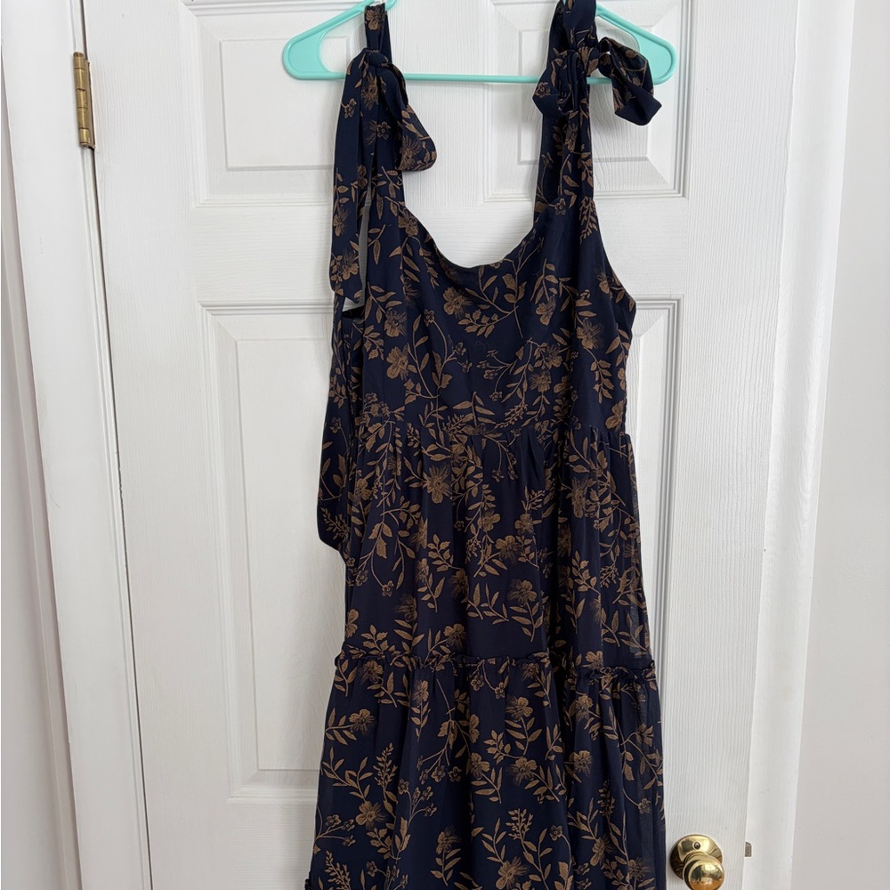 NWT Anita Maxi Navy and Brown Floral Tie-Shoulder Sundress